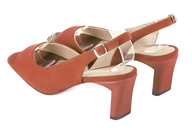 Terracotta orange women's slingback sandals. Square toe. Medium comma heels. Rear view - Florence KOOIJMAN